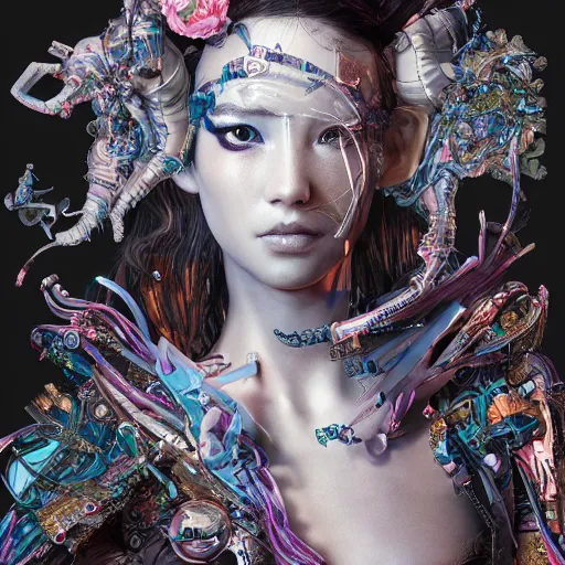 Image similar to the portrait of an absurdly beautiful, graceful, elegant, sophisticated, fashionable cyberpunk gravure idol, an ultrafine hyperdetailed illustration by kim jung gi, irakli nadar, zhong lin, intricate linework, bright colors, collage, porcelain skin, unreal engine 5 highly rendered, global illumination, radiant light, detailed and intricate environment