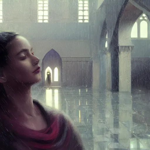 Image similar to detailed face of a woman, moment, courtyard, capital, cyberpunk mosque interior, control panel, watcher, omniscient, tech noir, wet reflections, atmospheric, ambient, speed painting, livia prima, greg rutkowski, edward hopper