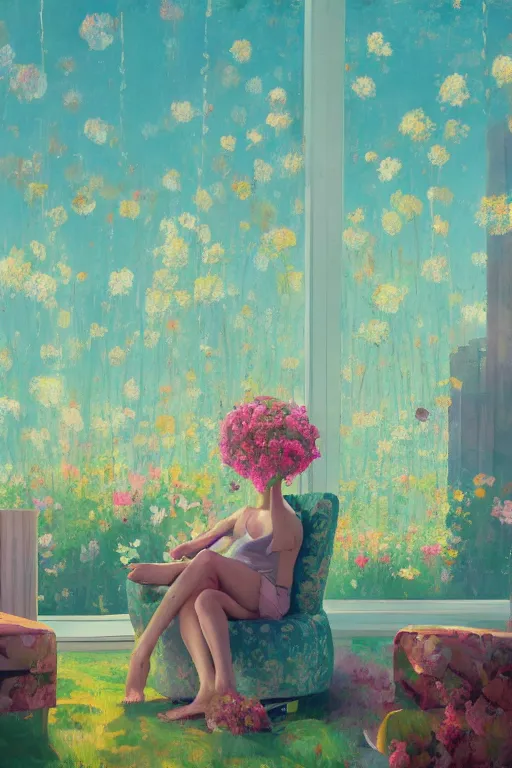 Image similar to closeup, huge flowers as head, woman sitting on lounge chair by a tall window, surreal photography, studio light, impressionist painting, digital painting, artstation, simon stalenhag