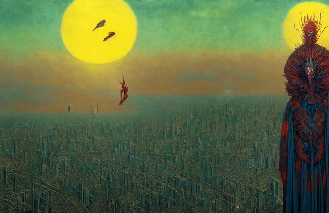 Image similar to realistic detailed portrait movie shot of a birdman wearing dark ragged robes, futuristic city sunset landscape background by denis villeneuve, amano, yves tanguy, alphonse mucha, ernst haeckel, max ernst, roger dean, rich moody colours, bird head, blue eyes