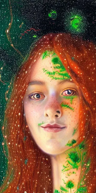 Image similar to infp young woman, smiling amazed, golden fireflies lights, sitting in the midst of nature fully covered, long loose red hair, intricate linework, green eyes, small nose with freckles, oval shape face, realistic, expressive emotions, dramatic lights spiritual scene, hyper realistic ultrafine art by michael cheval, jessica rossier, boris vallejo