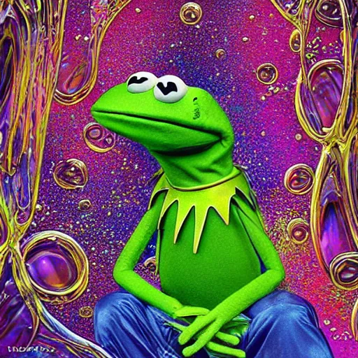 Image similar to ultra detailed illustration of Kermit the Frog from Sesame Street covered in a sea of iridescent liquid by nekro, Karol Bak, colorful, vivid colors, 8k, coherent, anime vibes, uplifting, magical composition, artstation, synthwave, 8k, coherent, artgerm, uplifting, unreal engine, magical composition, artstation