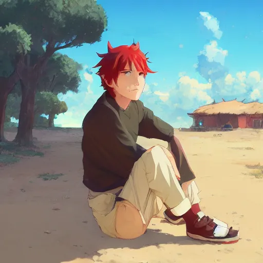 Prompt: red haired teen boy, sitting, desert village in the background, suna gakure, digital painting, artstation, highly detailed, by makoto shinkai and thomas kindle and James gilleard