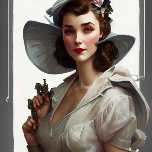 Image similar to a woman dressed in 1940's fashion, D&D, fantasy, intricate, elegant, highly detailed, digital painting, artstation, concept art, matte, sharp focus, illustration, art by Artgerm and Greg Rutkowski and Alphonse Mucha