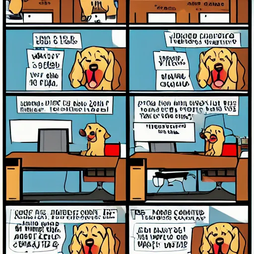 Prompt: golden retriever puppy working in an office, looking tired, in the style of dilbert, style of scott adams, style of comic strip, full color illustration, mondays, coffee mug