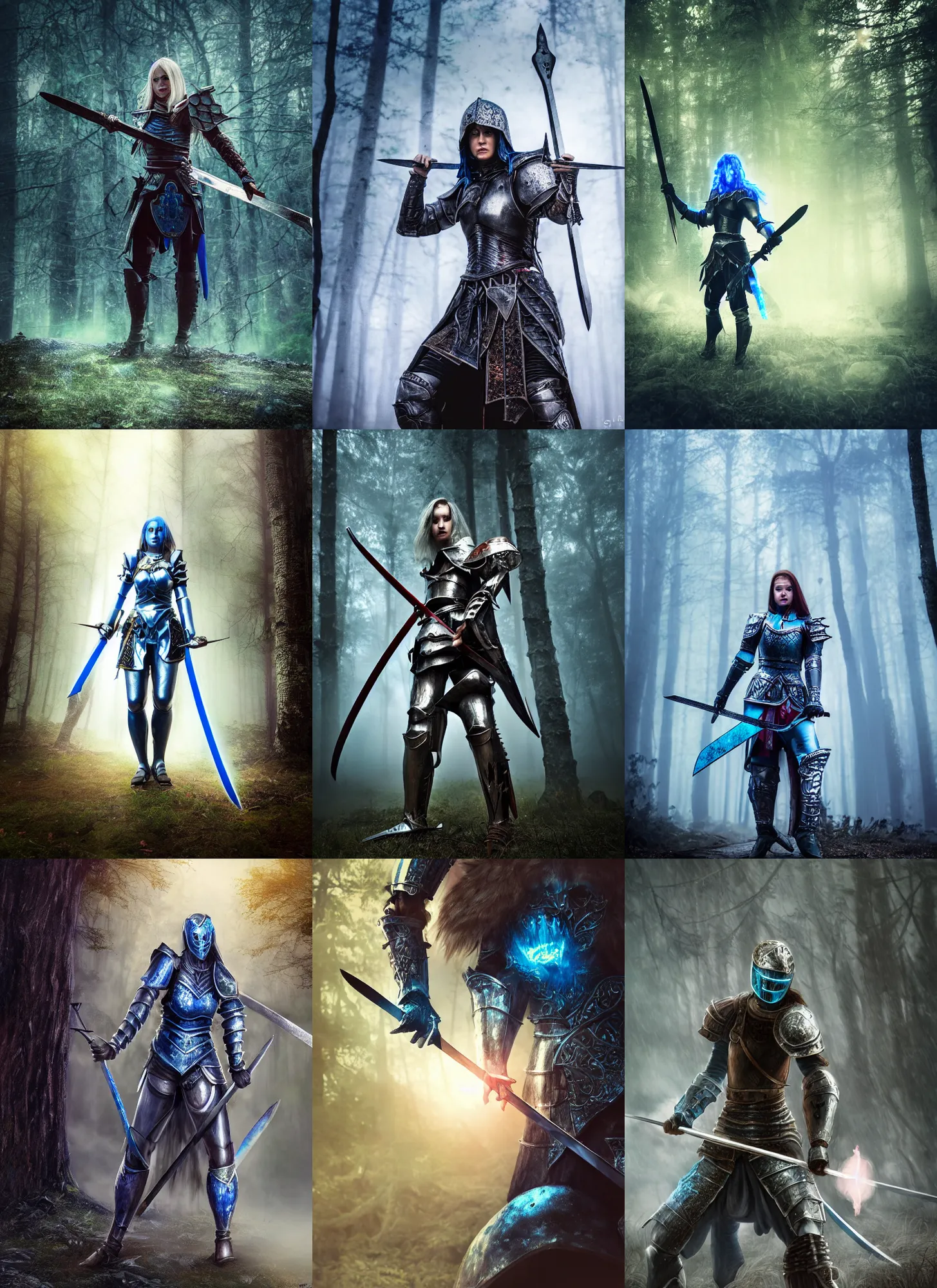 Prompt: female warrior with glowing blue eyes wielding two swords wearing full body knight!! armor, forest plains of yorkshire, misty forest, elden ring, dark souls, good value control, digital painting, sharp focus, rule of thirds, 4k, centered, muscular body type, magic hour photography, atmospheric, moody colors