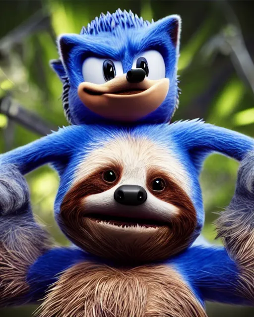 Image similar to sonic the hedgehog as a sloth, weta hyperrealism cinematic lighting and compositon