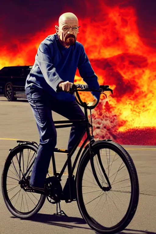 Image similar to photo of walter white riding a bike with an exploding building behind him, color, cinematic lighting