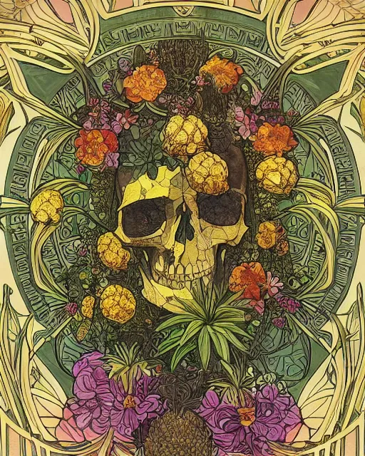 Prompt: centered Carved ancient skull with pineapple leaves growing out of the top art surrounded by varities of flowers, cell shading, voronoi, fibonacci sequence, sacred geometry by Alphonse Mucha, Moebius, hiroshi yoshida, Art Nouveau, colorful, ultradetailed, vivid colour, 3d