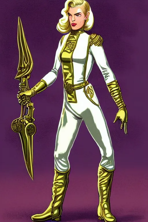 Prompt: extreme long shot. 8 bit nes graphics. stoic heroic handsome stocky short - haired butch blonde tattooed muscular woman engineer with very short slicked - back butch hair. victorian brass goggles. white and gold satin jumpsuit and cape. boots and gloves. inspired by flash gordon. fine details, very sharp, art from nes game cartridge, marc simonetti and hermann nitsch