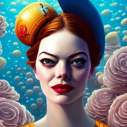 Image similar to underwater pirate portrait of emma stone, pixar style, by tristan eaton stanley artgerm and tom bagshaw.