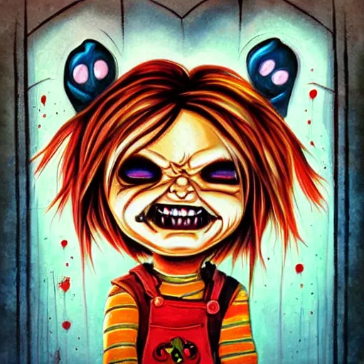 Prompt: macabre painting of chucky by jeremiah ketner | horror themed | creepy