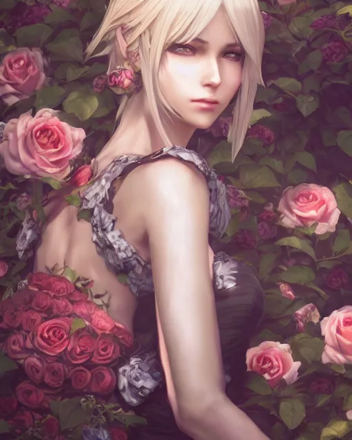 Image similar to an elegant lady surrounded by skulls in a garden full of roses, final fantasy, final fantasy, cushart krenz, very detailed, realistic face, detailed face, matte, tonemapping, perfection, 4 k,