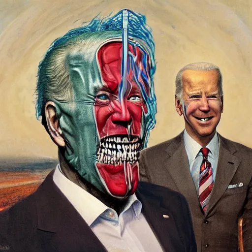 Image similar to terrifying, surreal portrait of joe biden with face sloughing off to reveal robot underneath l by j. c. leyendecker, bosch, william blake, stephen gammell, jon mcnaughton, and beksinski