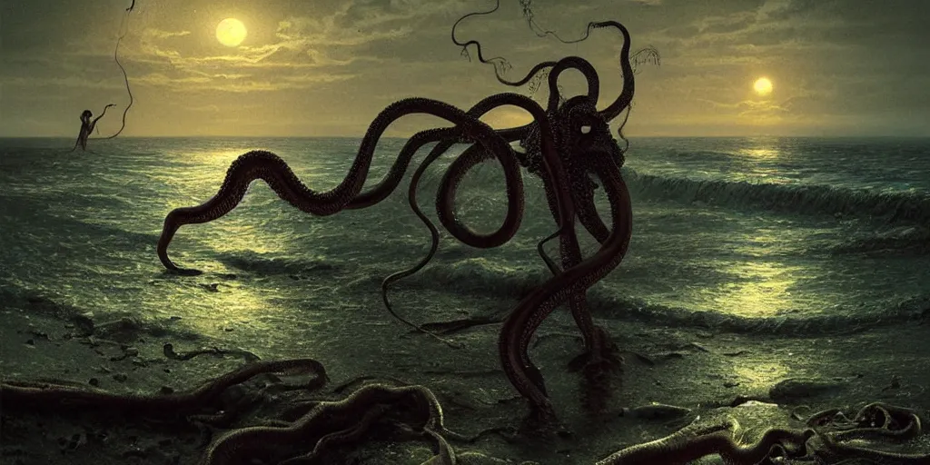 Image similar to landscape view on an old fishing village at night, a fit humanoid tentacled monster emerging from the ocean, night colors, high - key lighting, beautiful composition, intricate, gradient from green to black, pro photography by, highly detailed, digital painting, art by artgerm and greg rutkowski and alphonse mucha, smooth, sharp focus illustration