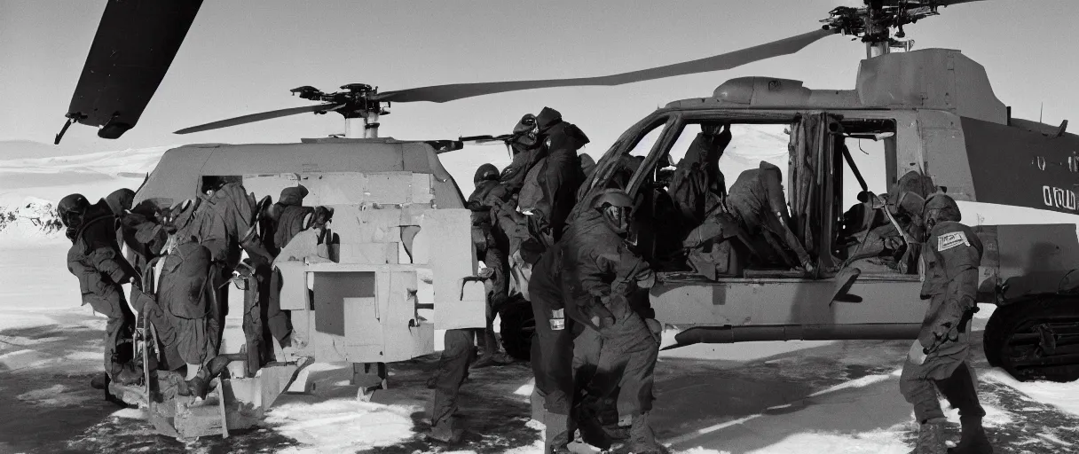 Image similar to extreme closeup color movie like 3 5 mm photograph of a middle aged caucasian us soldiers unloading dark grey metal rectangular crate from a black military 1 9 8 2 helicopter at a top secret military base in antarctica