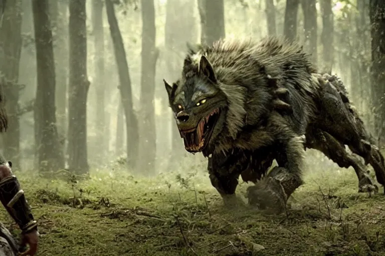 Image similar to vfx movie closeup detailed ancient armored warrior orc hunting riding large wolf in the forest, natural lighting by emmanuel lubezki