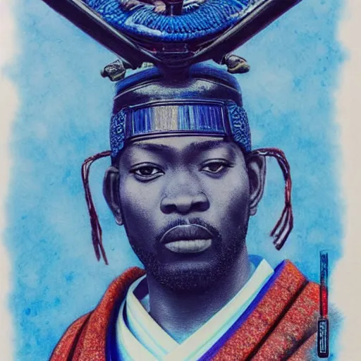 Image similar to oscar ukonu, beautiful samurai made with blue african ball point pen