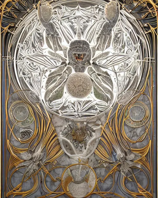 Prompt: symmetry, white marble, white marble bas relief sculpture, kintsugi, feminine shapes, crabs, spiders, scorpions, tarantulas, stunning, art by hr geiger and ridley scott and alphonse mucha and josephine wall, highly detailed, intricately detailed, art nuevo, octane, 8 k, hdr, trending on artstation