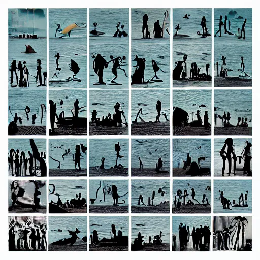 Image similar to collage made of large silhouettes, ocean theme, dramatic typography, museum of modern art, museum of contemporary art, auction, record - setting, detailed, photorealistic