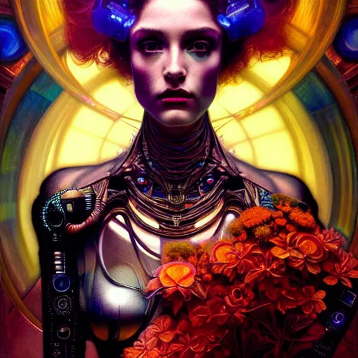 Image similar to extremely psychedelic beautiful cyborg queen of lsd. intricate, elegant, highly detailed, extremely lifelike photorealistic digital painting, artstation. steichen, gaston bussiere, tom bagshaw, cyberpunk alphonse mucha. dark pallet, melancholy. anatomically correct in every way. sultry. sharp focus. soft light. very very lifelike