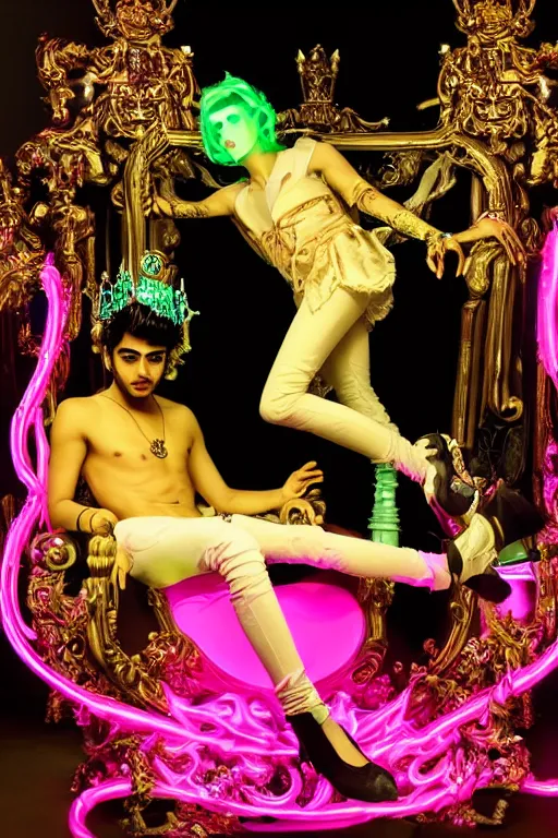 Prompt: full-body rococo and cyberpunk style neon statue of a young attractive Zayn Malik macho dotado e rico android sim roupa reclining con las piernas abertas e la piroca dura, glowing mint laser eyes, golden prince crown, black steampunk gears, pink diamonds, swirling mint-colored silk fabric. futuristic elements. black dripping tar. full-length view. space robots. human skulls. intricate artwork by caravaggio. Trending on artstation, octane render, cinematic lighting from the right, hyper realism, octane render, 8k, depth of field, 3D