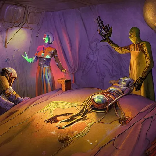 Image similar to medieval extraterrestrial villagers at bedside of severely injured unconscious short - haired blond woman, colorful, dramatic lighting, illustration, fantastic planet, ron cobb, mike mignogna, jim henson creature shop, science fiction, detailed painting, high detail, coherent, rough paper