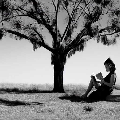 Prompt: a girl reads a book under a tree. hitchcock style. film noir