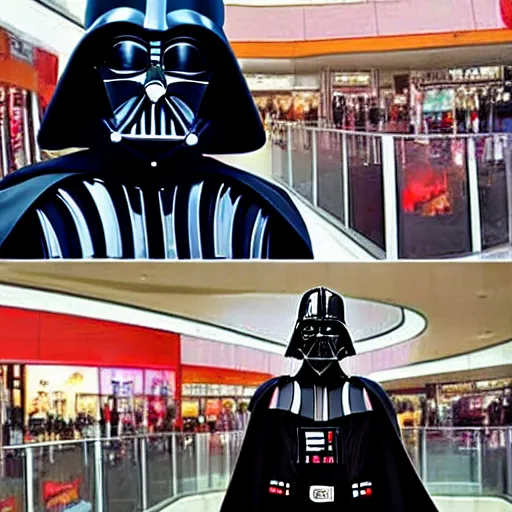 Prompt: darth vader looking overwhelmed in a shopping mall