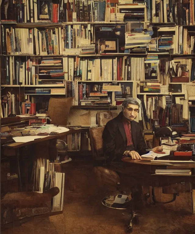 Prompt: a color photograph of morteza jafari in his office, by thomas ruff, intense, bold, hyperrealistic, ultra sharp, extra details, ultra high quality, trending on pinteresst