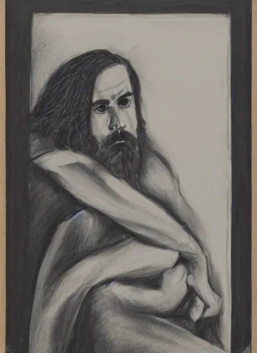 Prompt: portrait of a 23 year old man with long dark hair and a beard looking down on a canvas he is holding on his lap,charcoal drawing, psychedelic, in a minimalistic style