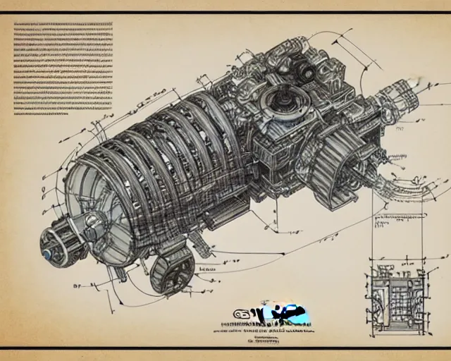 Image similar to a full page of a mechanical blueprint showing a simple cutaway design for a small mechanized wolf from howl's moving castle ( 2 0 0 4 ), with a pilot inside, muted colors, post grunge, studio ghibli, hq