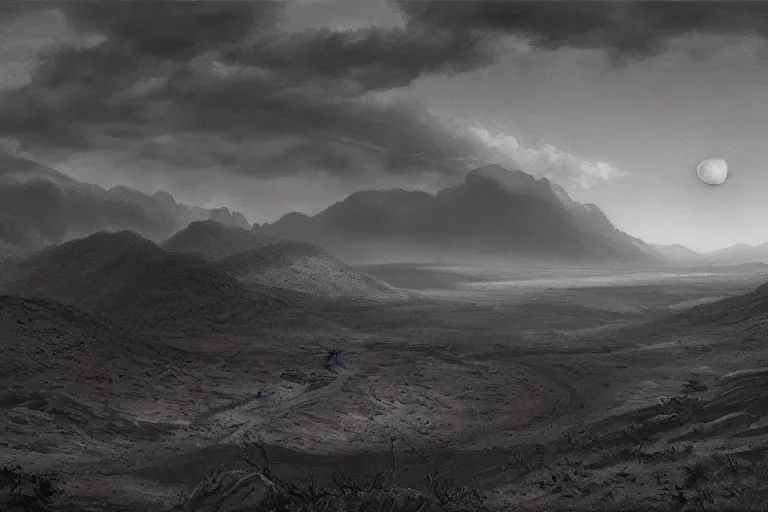 Prompt: a dark desolate valley full of moths, cinematic scene, matte paitning, grey shift, cinematic lighting, art by james gurney