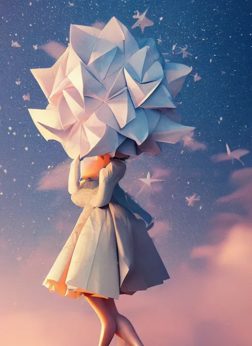 Image similar to background edge of space with puffy clouds are dusk, anthropomorphic paper woman wrapped in a flowing couture tissue paper, paper chrysanthemums, many origami stars, eery light, 3 d, very detailed, octane render, trending artstation, artgem