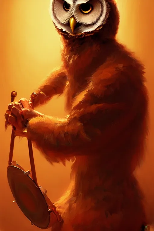 Prompt: portrait of an anthropomorphic owl playing the drums, dramatic lighting, highly detailed, digital painting, artstation, concept art, smooth, sharp focus, illustration, art by wlop, mars ravelo and greg rutkowski