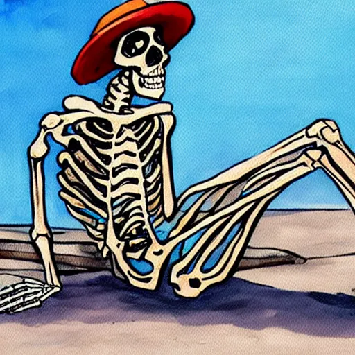 Prompt: painting of a skeleton wearing summer clothes, sitting on the curb at a beach, drinking beer and enjoying life