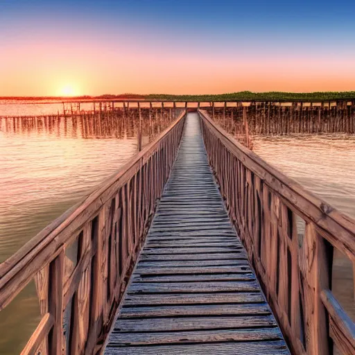 Prompt: Endless wooden bridge going across the ocean, sunset, realistic photo, 4k