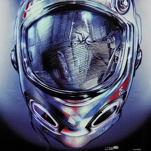 Image similar to a simple concept art of an amazingly designed robot with a modern helmet. an award winning yoshitaka amano poster. a masterpiece by james gurney. deep color.