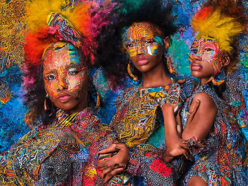 Image similar to colorful african patterns on cyber - punk background, professional studio lighting with subtle shadows, hyper realism, art by tim okamura and karol bak, canon eos r 3, f / 1. 4, iso 2 0 0, 1 / 1 6 0 s, 8 k, raw, unedited, symmetrical balance, in - frame