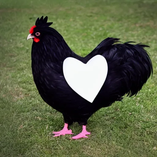 Prompt: an all black chicken spotted white heart shapes