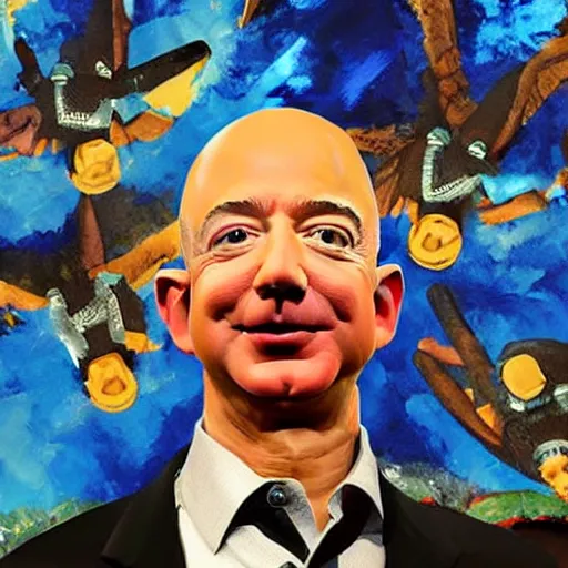 Image similar to painting of jeff bezos with amazon warriors, detailed, masterpiece