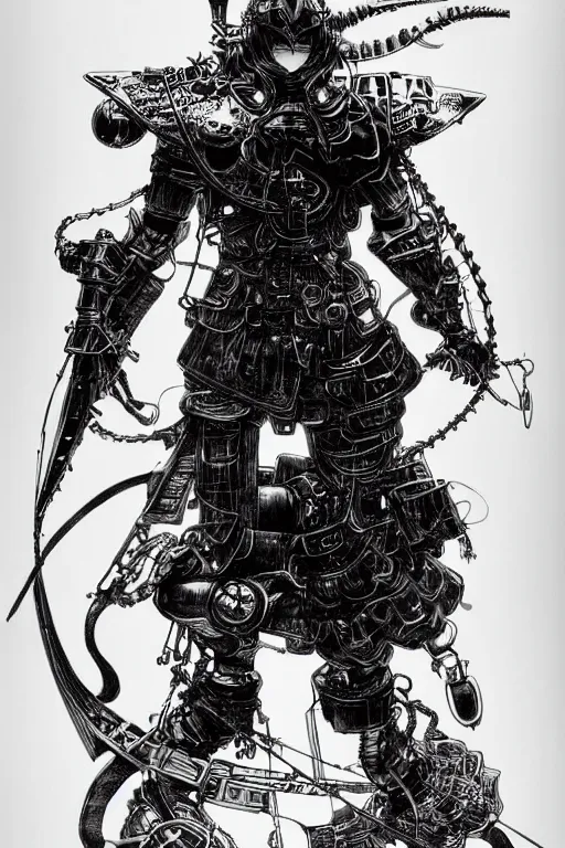 Image similar to a vertical portrait of a character by yoshitaka amano and nihei tsutomu, black and white, dreamy, steampunk armor, highly detailed