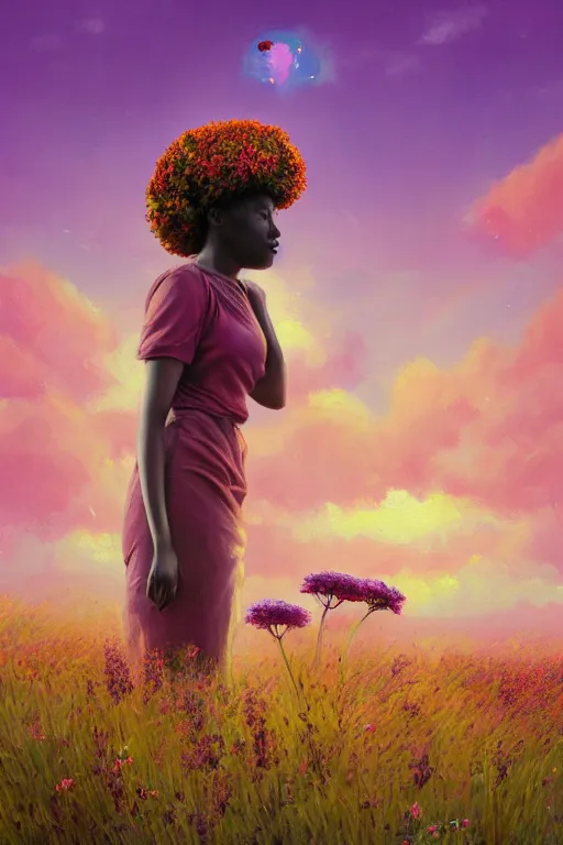 Prompt: closeup, huge flower on head, an african woman in heather field, surreal photography, golden hour, colorful clouds, impressionist painting, digital painting, artstation, simon stalenhag