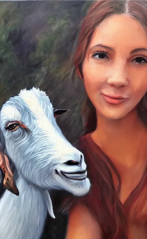 Prompt: beautiful high quality photo painting of a girl taking a selfie with a goat. vibrant, high quality, very funny, beautiful, hq. hd. 4 k. award winning. trending on artstation