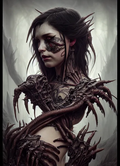 Prompt: ultra realistic, predator, fangs, goth, tattoos, leather, fantasy, flesh, bone, body horror, intricate details, eerie, highly detailed, octane render, 8 k, art by artgerm and alphonse mucha and greg rutkowski