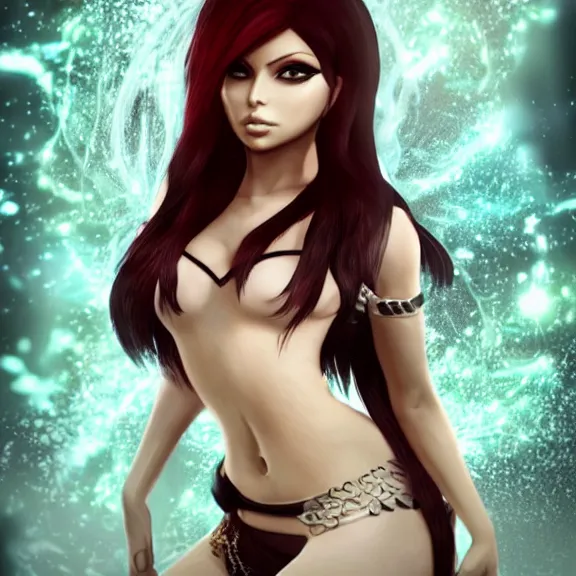 Image similar to portait of haifa wehbe, long hair centred, hd, very charming look, very detailed curve, unreal engine, final fantasy style, fairy tail background