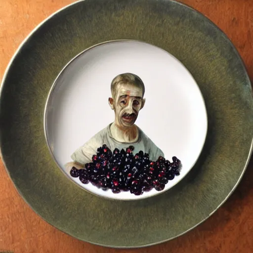 Image similar to a man eats black currants in a plate, hyper realistic, hyper detailed, cfg _ scale 1 5