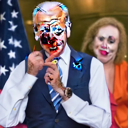 Prompt: joe biden in clown makeup smoking large blunt