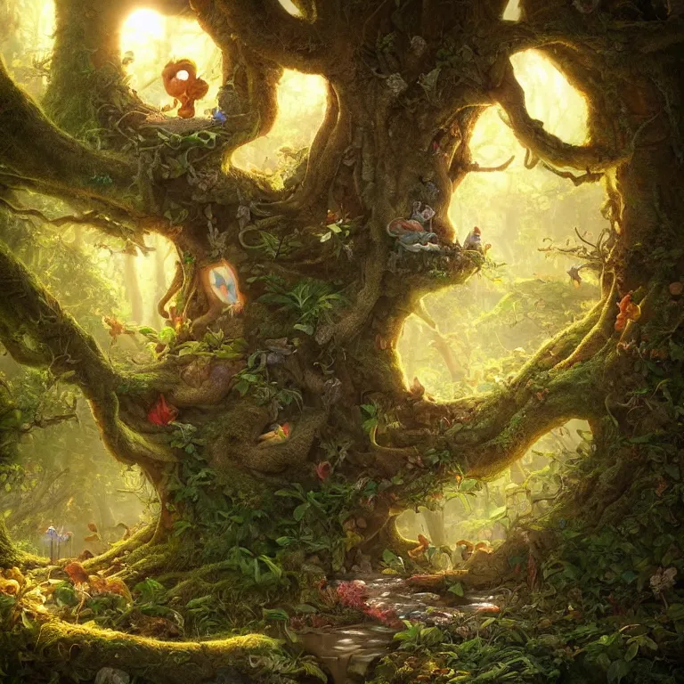 Prompt: tiny seeds float around a fairytale tree in a forest glade by Justin Gerard, evening light, fantasy art, trending on artstation