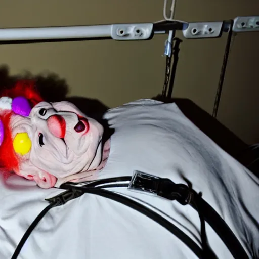 Prompt: crazy elderly clown supine in hospital bed, strapped into bed with restraints, photograph